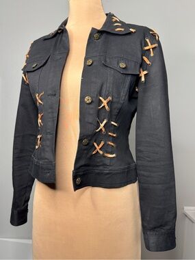 Black Denim Brown Stitch Rivet Jacket Christine Phillipe Limage Pockets Flowers